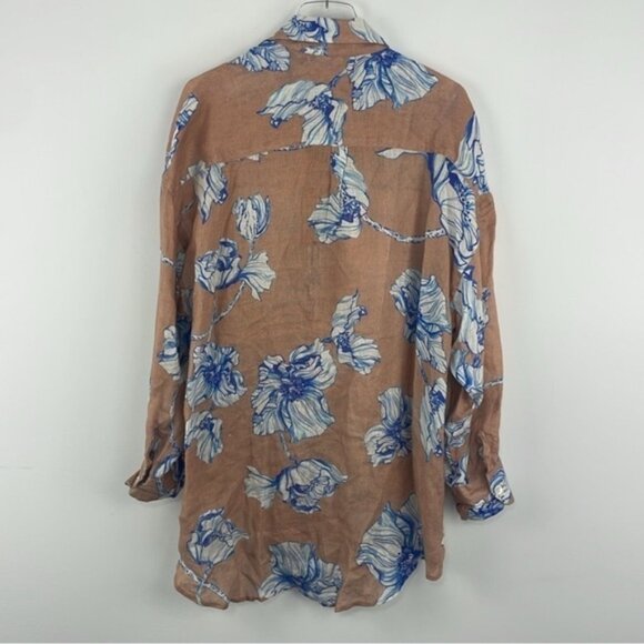 🆕 INDIGO SWIMWEAR Collard Blue Floral Tan 100% Linen Beach Coverup Shirt - Picture 2 of 6